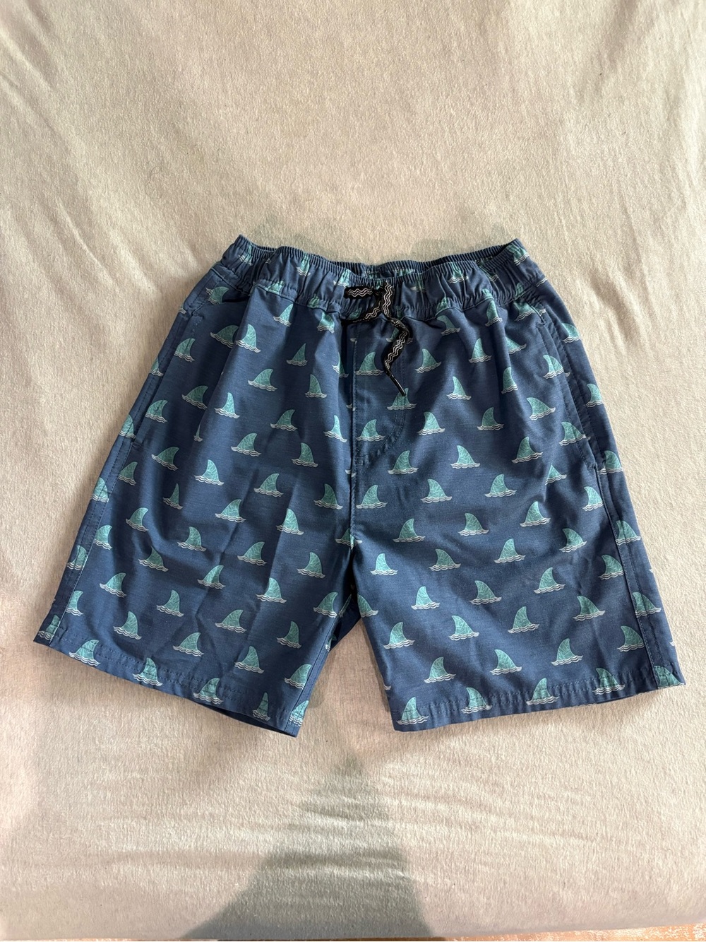 Boys Navy Shark-Print Swim Trunks